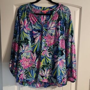 Lilly Pulitzer Vibrant Floral Elsa Blouse in Blue and Pink